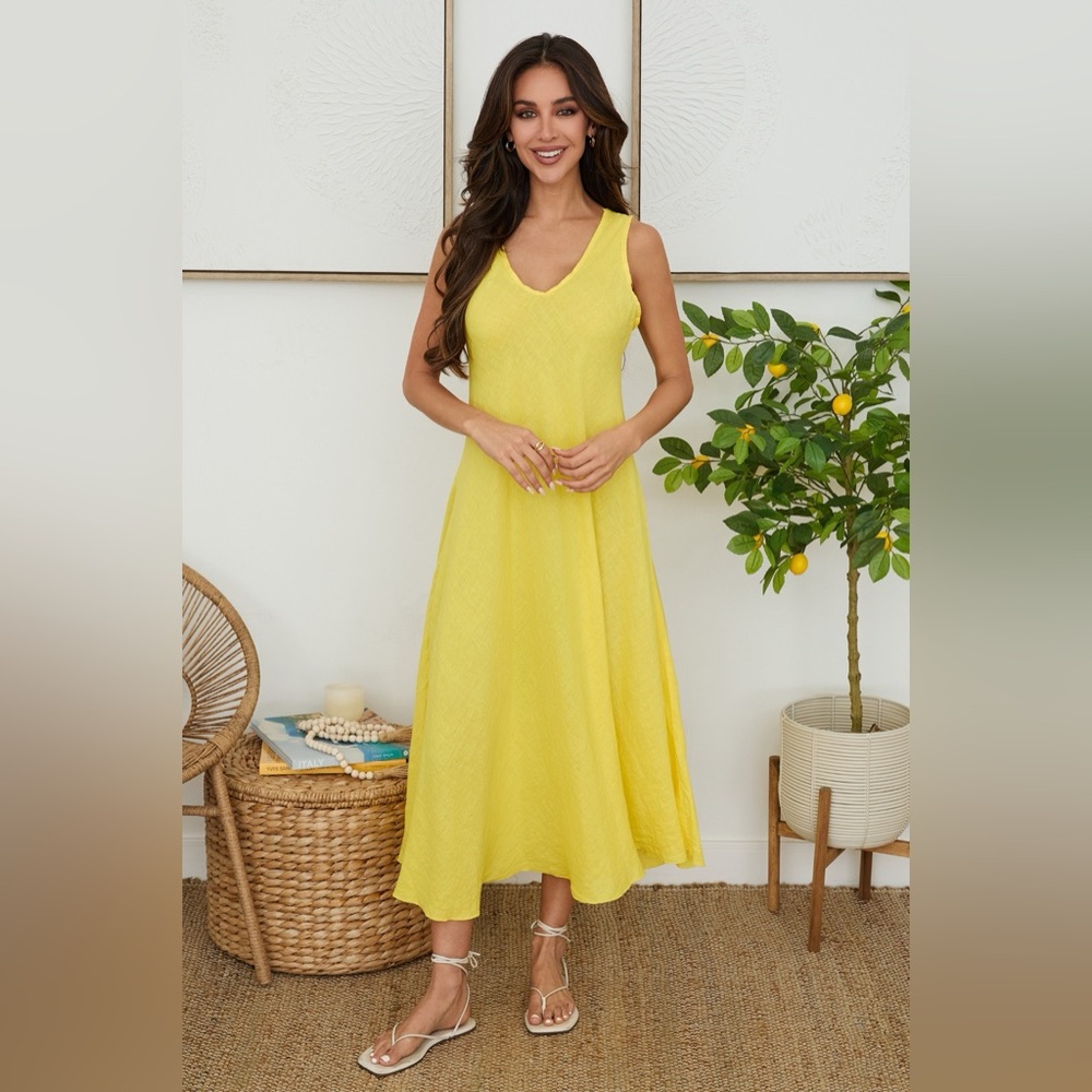 (800866/191333-SKY) ITALIAN LINEN MAXI V-NECK DRESS - Picture 3 of 5